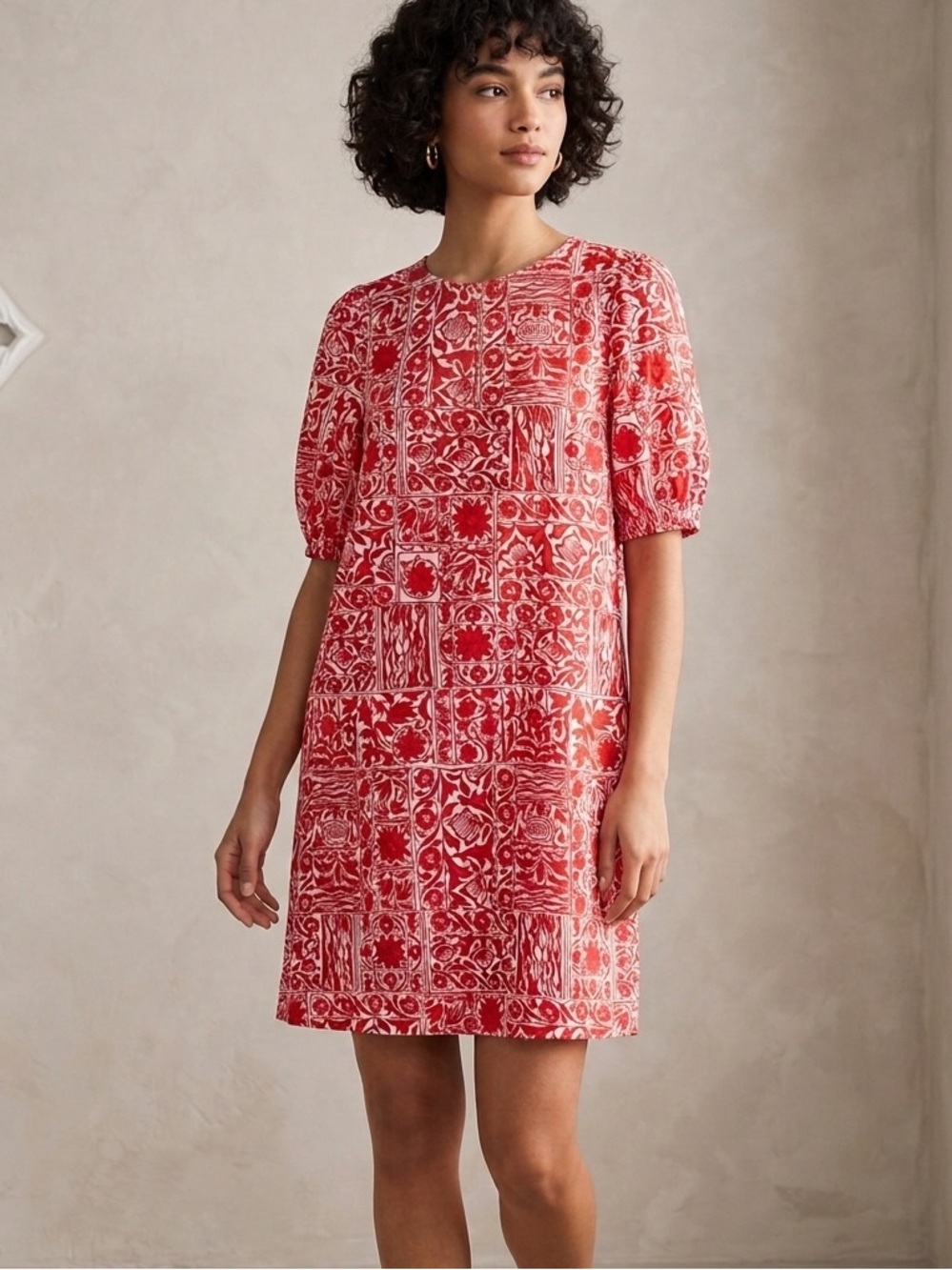 Ann Taylor Printed Red Puff-Sleeve Mini Dress